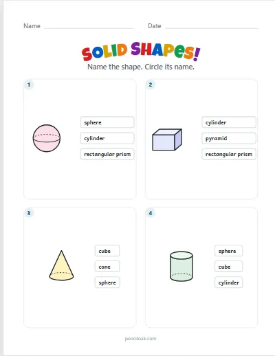 Solid shapes · All 6 shapes · 4 questions worksheet