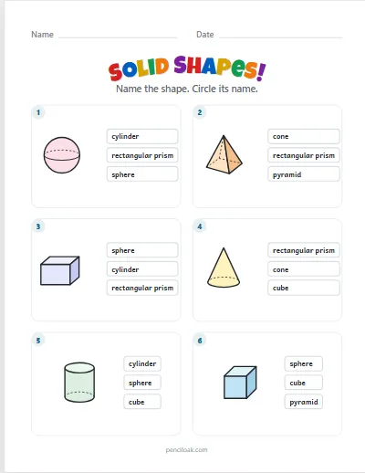 Solid shapes · All 6 shapes · 6 questions · set 2 worksheet