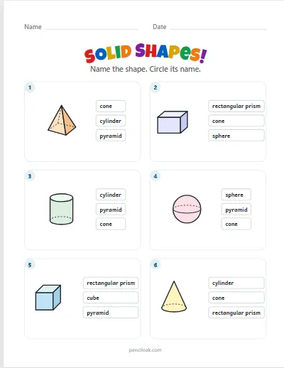 Solid shapes · All 6 shapes · 6 questions · set 3 worksheet