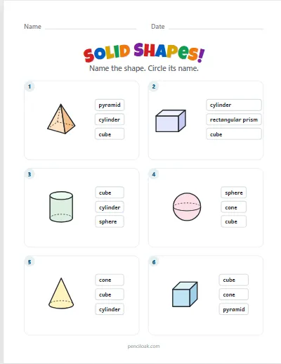Solid shapes · All 6 shapes · 6 questions · set 4 worksheet