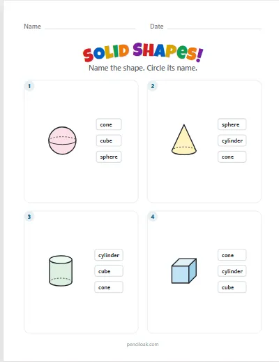 Solid shapes · 4 basic shapes · 4 questions · set 2 worksheet