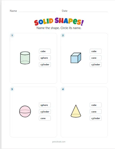 Solid shapes · 4 basic shapes · 4 questions · set 3 worksheet