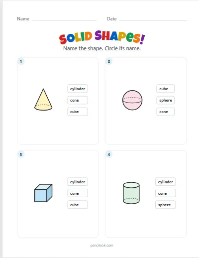 Solid shapes · 4 basic shapes · 4 questions · set 4 worksheet