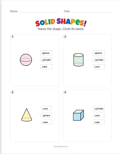 Solid shapes · 4 basic shapes · 4 questions worksheet