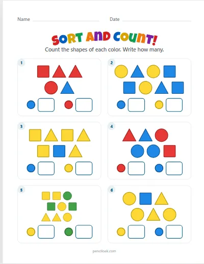 Sort by color · 6 questions · set 3 worksheet