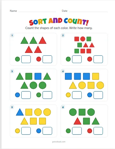 Sort and count worksheet: shapes to sort into groups with boxes for the counts