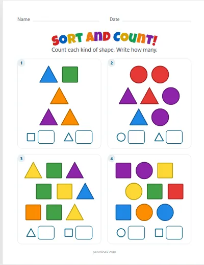 Sort by shape · 4 questions worksheet