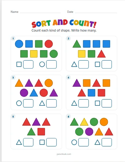 Sort by shape · 6 questions · set 3 worksheet