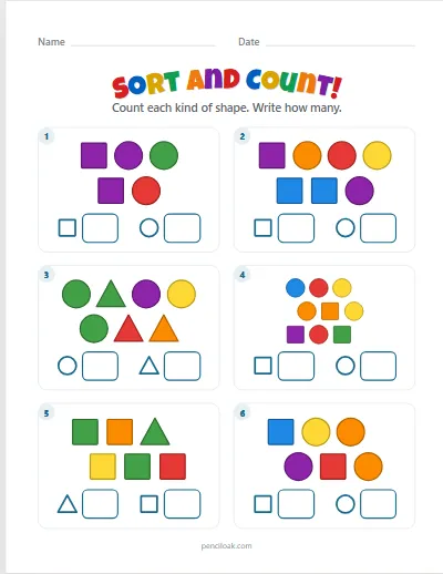 Sort by shape · 6 questions worksheet