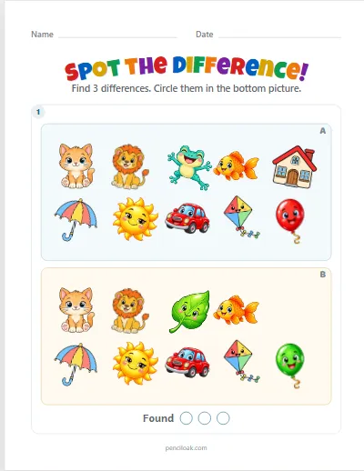 Spot the difference · 3 differences · set 2 worksheet