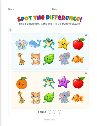 Spot the difference · 3 differences · set 3 worksheet