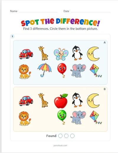 Spot the difference · 3 differences · set 4 worksheet