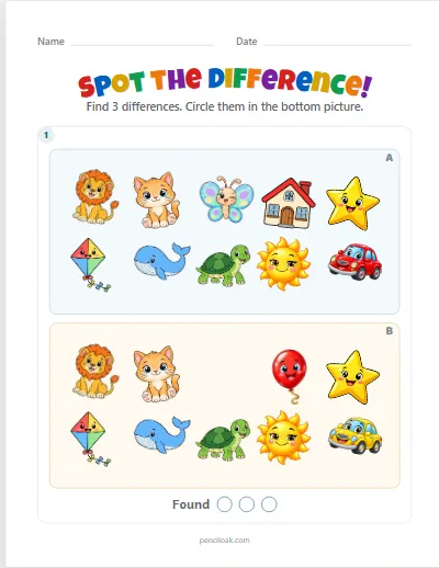 Spot the difference · 3 differences · set 5 worksheet