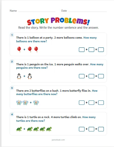 Story problems · Addition · Up to 5 · 4 stories worksheet