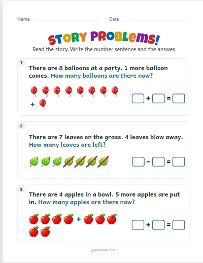 Story problems · Mixed · Up to 10 · 3 stories worksheet