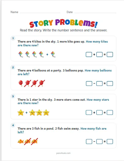 Story problems · Mixed · Up to 10 · 4 stories · set 2 worksheet