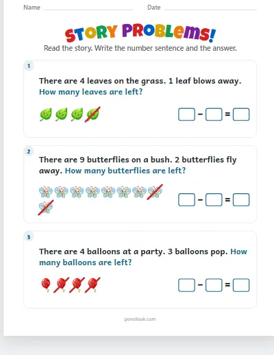 Story problems · Subtraction · Up to 10 · 3 stories worksheet