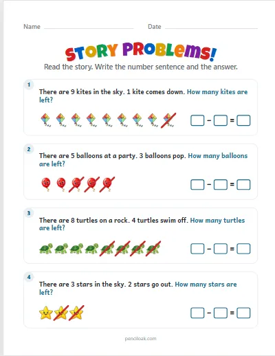 Story problems · Subtraction · Up to 10 · 4 stories · set 2 worksheet