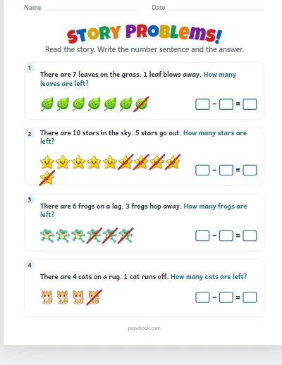 Story problems · Subtraction · Up to 10 · 4 stories worksheet