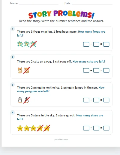 Story problems · Subtraction · Up to 5 · 4 stories worksheet