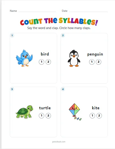 Count the syllables · 1 or 2 · 4 questions worksheet