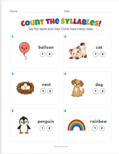 Count the syllables · 1 or 2 · 6 questions · set 2 worksheet