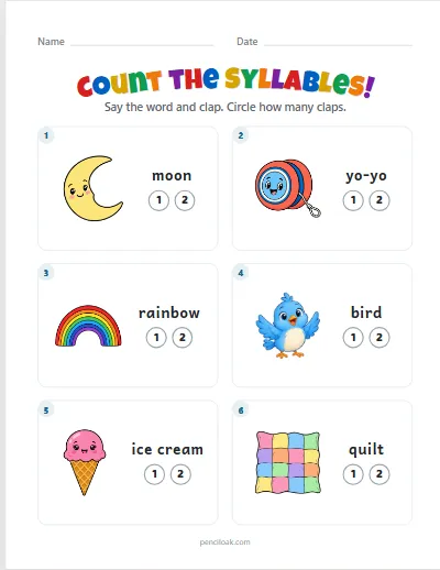 Count the syllables · 1 or 2 · 6 questions worksheet