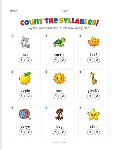 Count the syllables · 1 or 2 · 9 questions worksheet