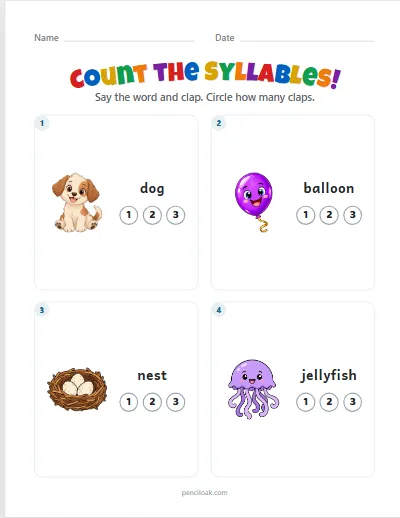 Count the syllables · 1, 2 or 3 · 4 questions · set 2 worksheet