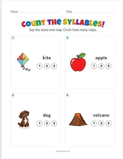 Count the syllables · 1, 2 or 3 · 4 questions worksheet