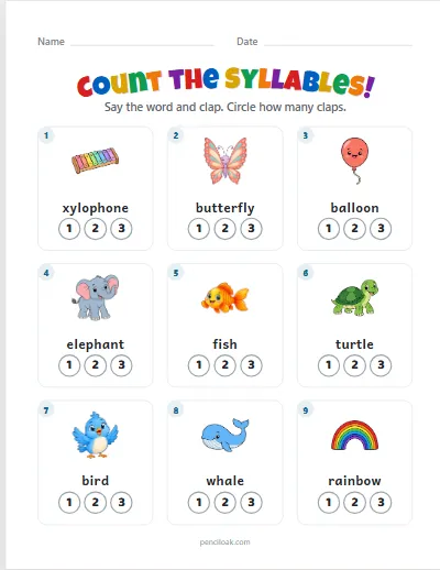 Count the syllables · 1, 2 or 3 · 9 questions worksheet
