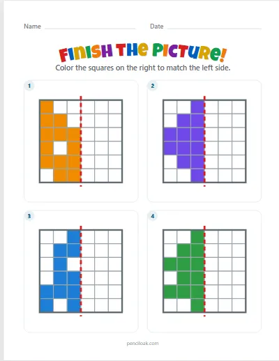 Symmetry · Easy 6 × 6 · 4 pictures worksheet