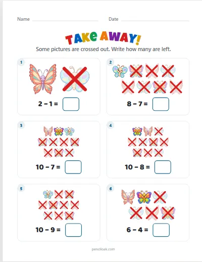 Take away from 10 · Butterflies · 6 questions worksheet