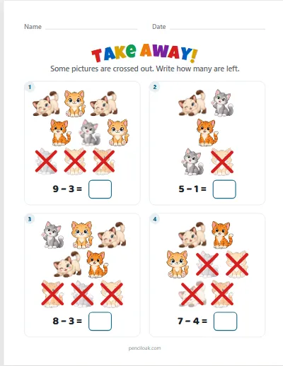 Take away from 10 · Cats · 4 questions worksheet