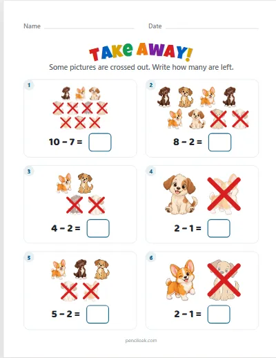 Take away from 10 · Dogs · 6 questions worksheet