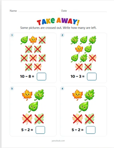 Take away from 10 · Leaves · 4 questions worksheet