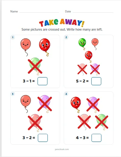 Take away from 5 · Balloons · 4 questions worksheet