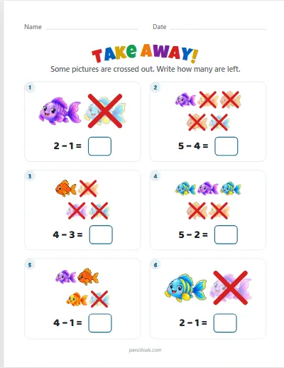 Take away from 5 · Fish · 6 questions worksheet