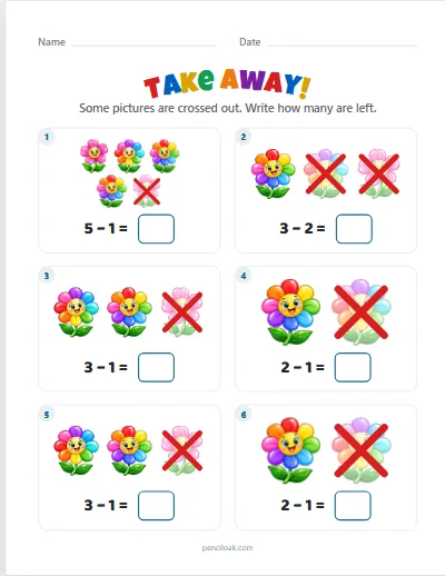 Take away from 5 · Flowers · 6 questions worksheet