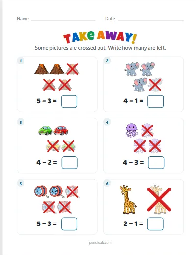 Take away from 5 · Mixed objects · 6 questions worksheet