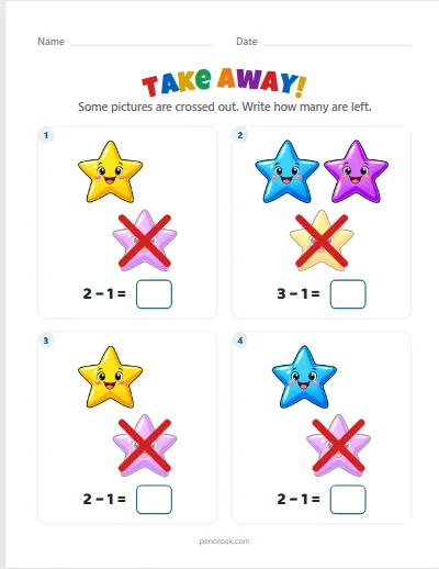 Take away from 5 · Stars · 4 questions worksheet