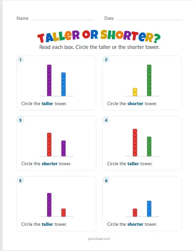 Taller or shorter towers · 6 questions worksheet