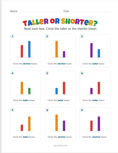 Taller or shorter towers · 9 questions worksheet