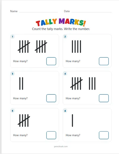 Tally marks · Count the marks · To 10 · 6 questions worksheet