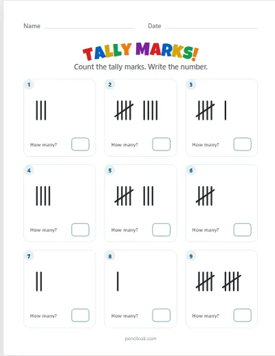 Tally marks · Count the marks · To 10 · 9 questions worksheet