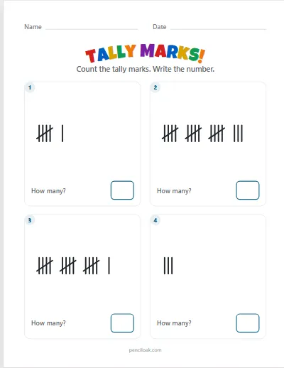 Tally marks · Count the marks · To 20 · 4 questions worksheet