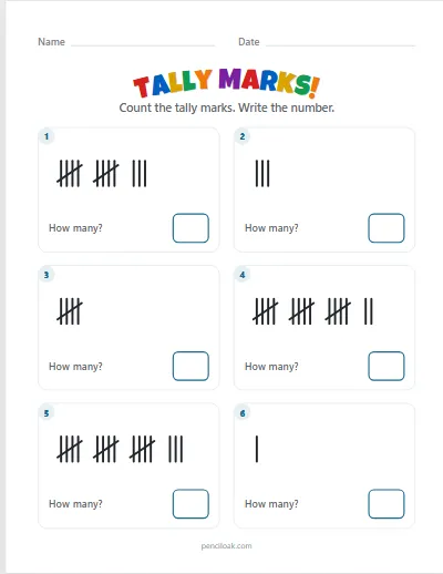 Tally marks · Count the marks · To 20 · 6 questions worksheet