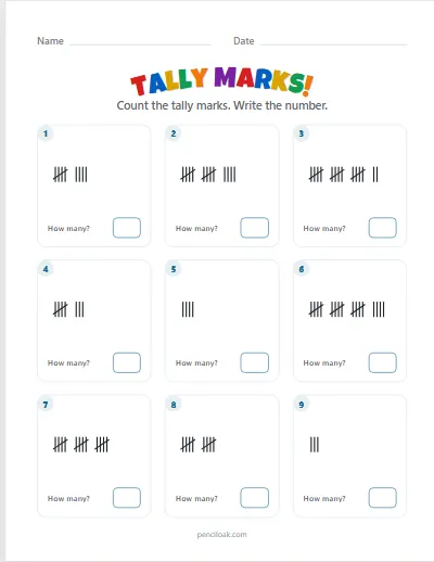 Tally marks · Count the marks · To 20 · 9 questions worksheet