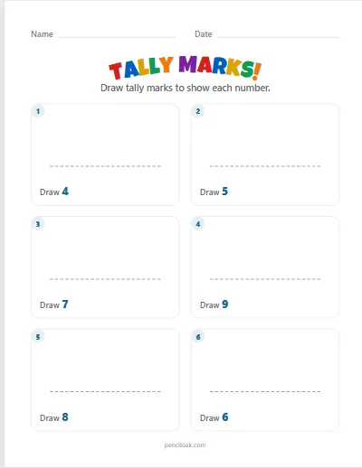 Tally marks · Draw the marks · To 10 · 6 questions worksheet