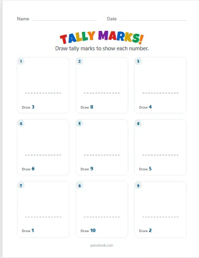 Tally marks · Draw the marks · To 10 · 9 questions worksheet